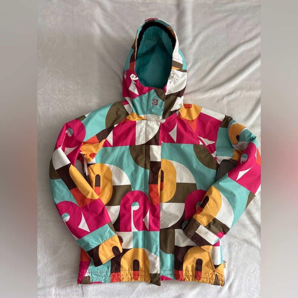 Roxy Kids Geometric Hooded Puffer Jacket - Turquoise, Pink, Yellow, Brown, White